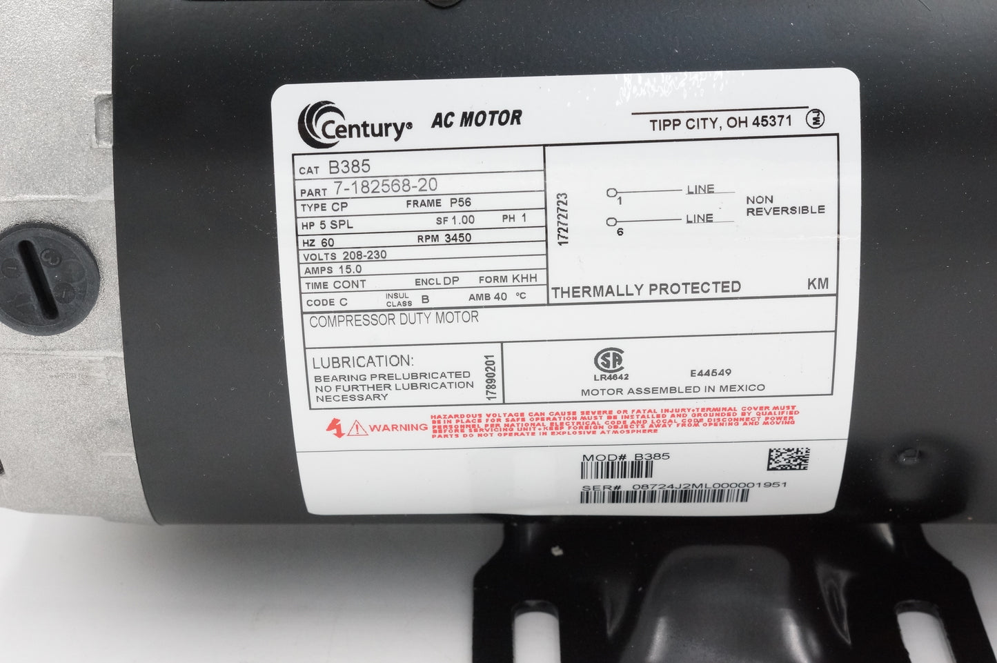 Century B385 Single-Phase 5 HP 3450 RPM P56 Compressor Motor