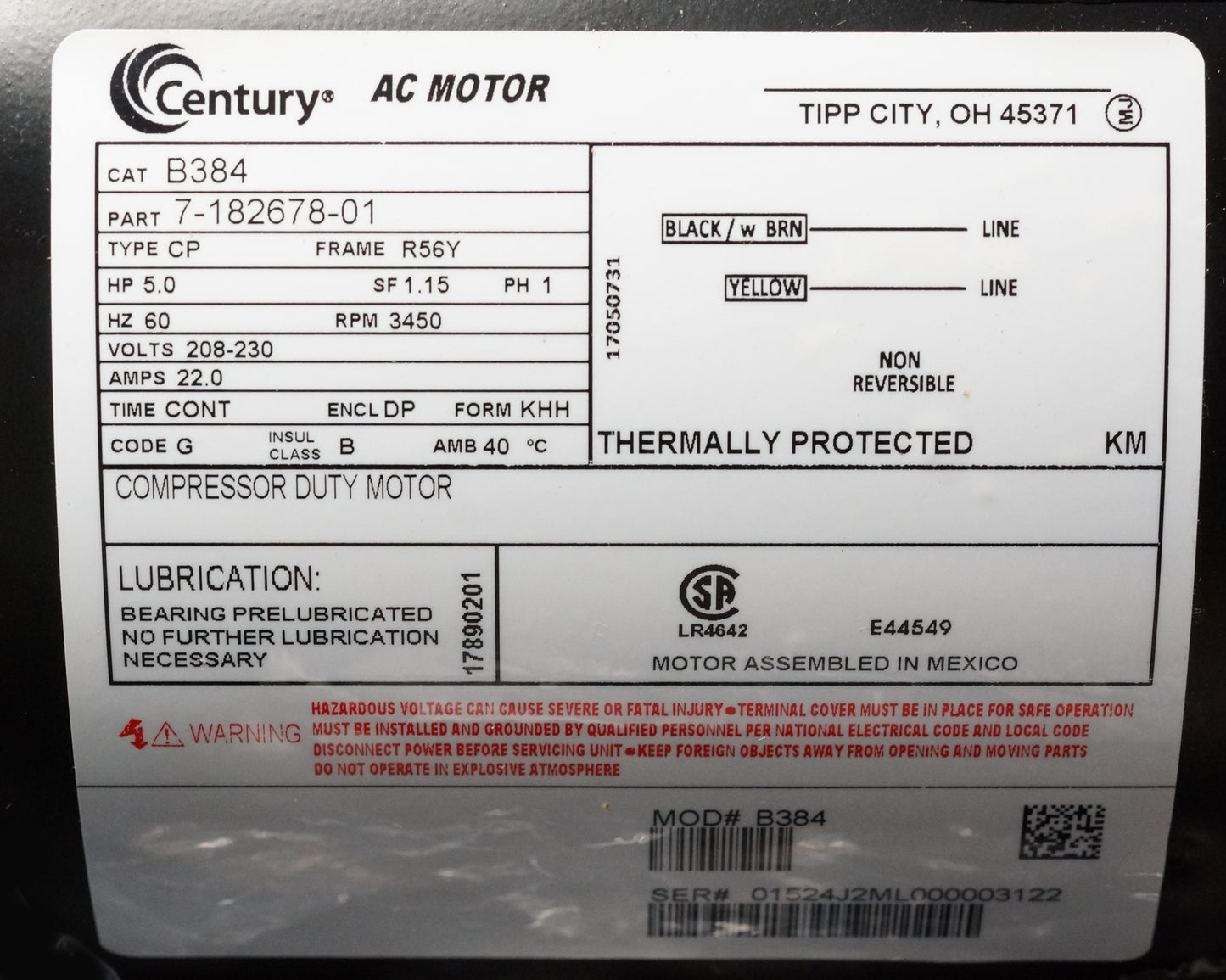 Century B384 Single-Phase 5 HP 3450 RPM R56Y Compressor Motor